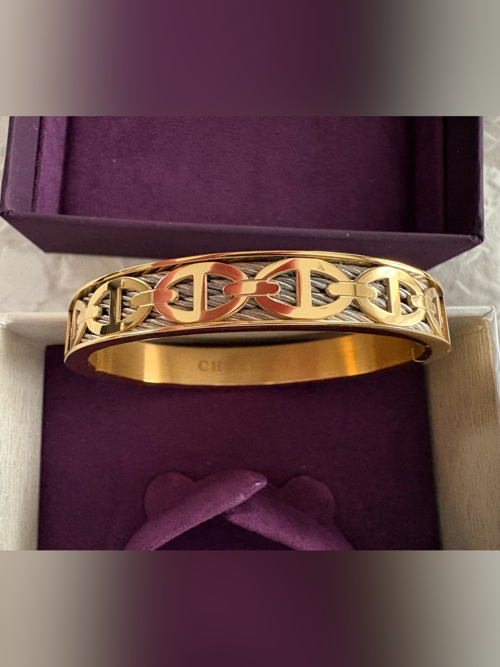 Charriol Gold tone and Silver Cable-Trim Link Bangle Bracelet